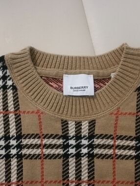 Burberry Beige and Black Check Crewneck Sweater with Rust Accent